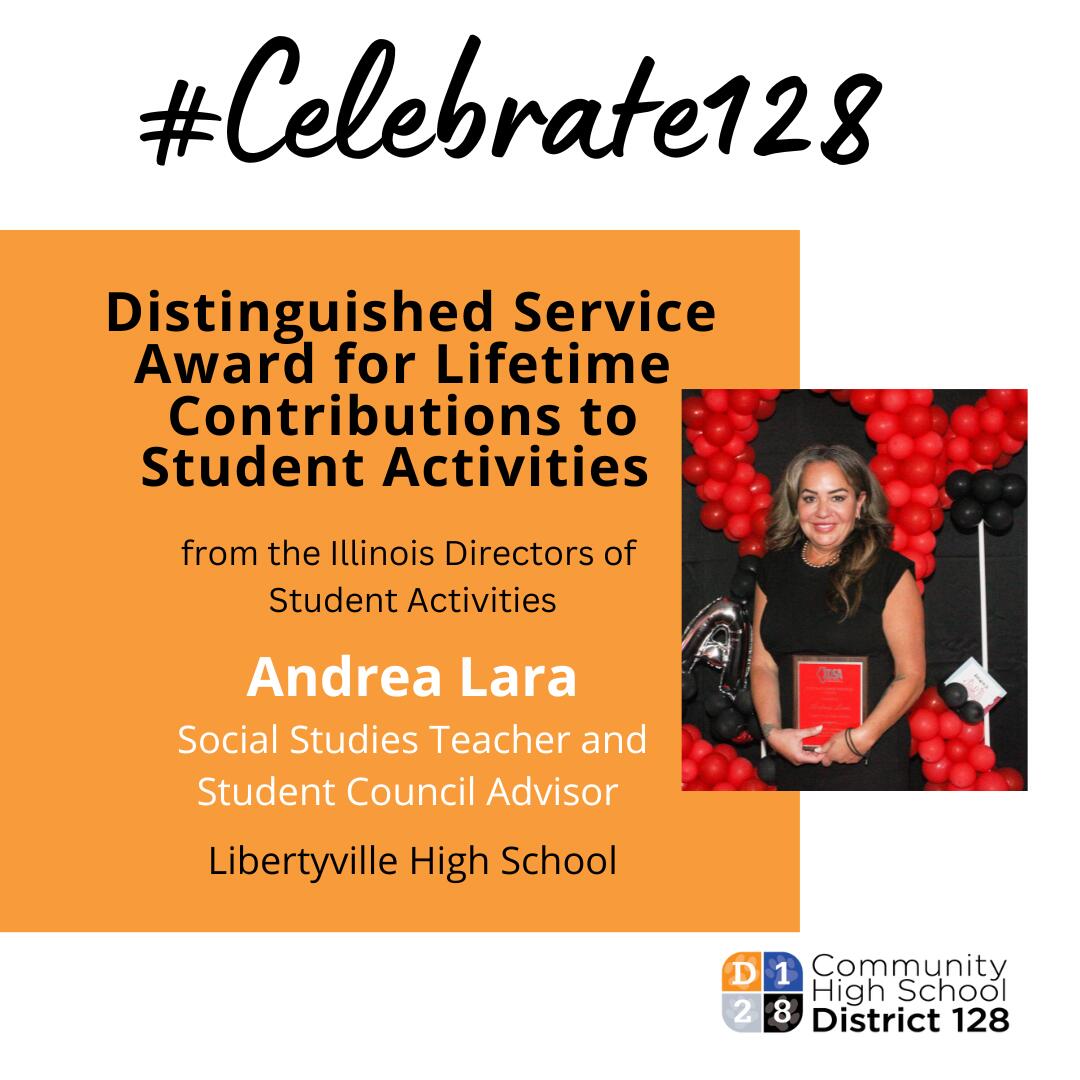 #Celebrate128 graphic celebrating Andrea Lara's honor from the IDSA.