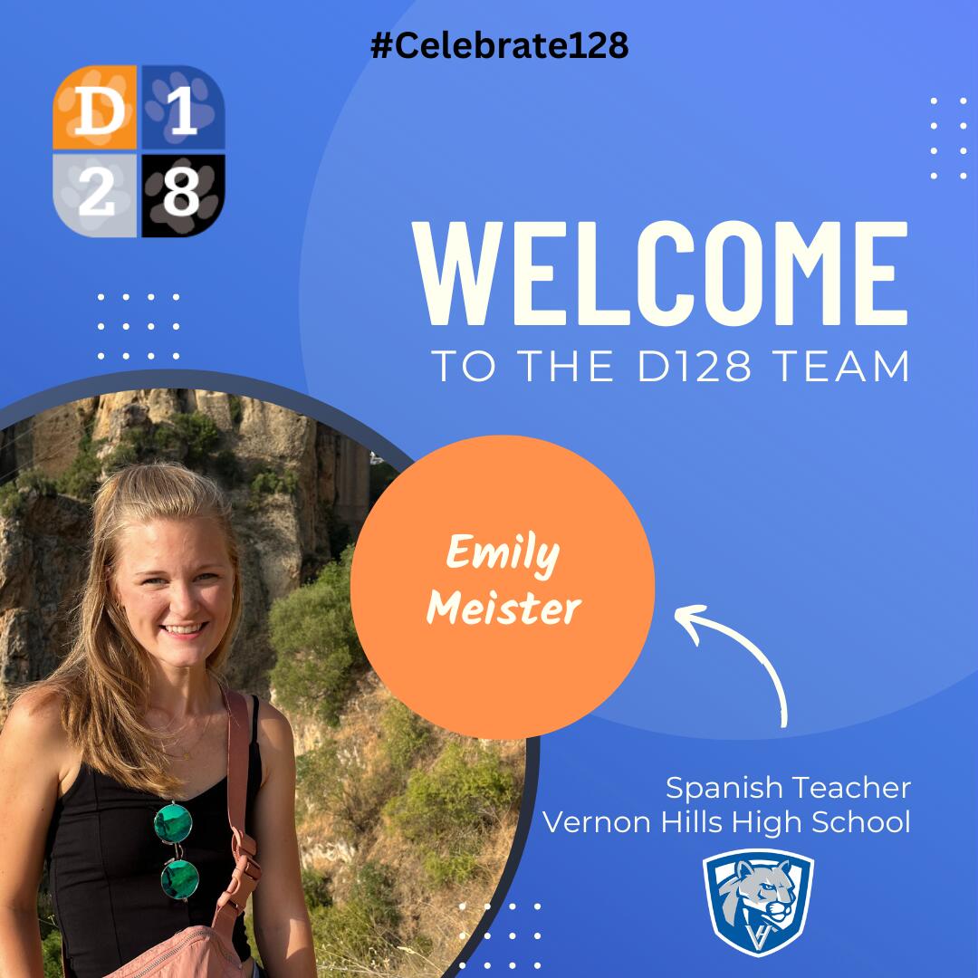 #Celebrate128 graphic welcoming Emily Meister to the VHHS team.