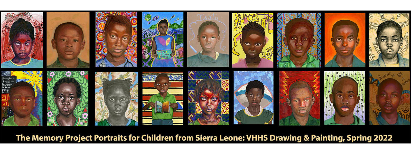 Array of VHHS student paintings of portraits as a part of the memory project.