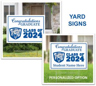 Visual illustration of the two versions of the yard sign described in the page text.  Congratulations Graduate Class of 2024 with VHHS Cougar logo and student name if personalization option purchased